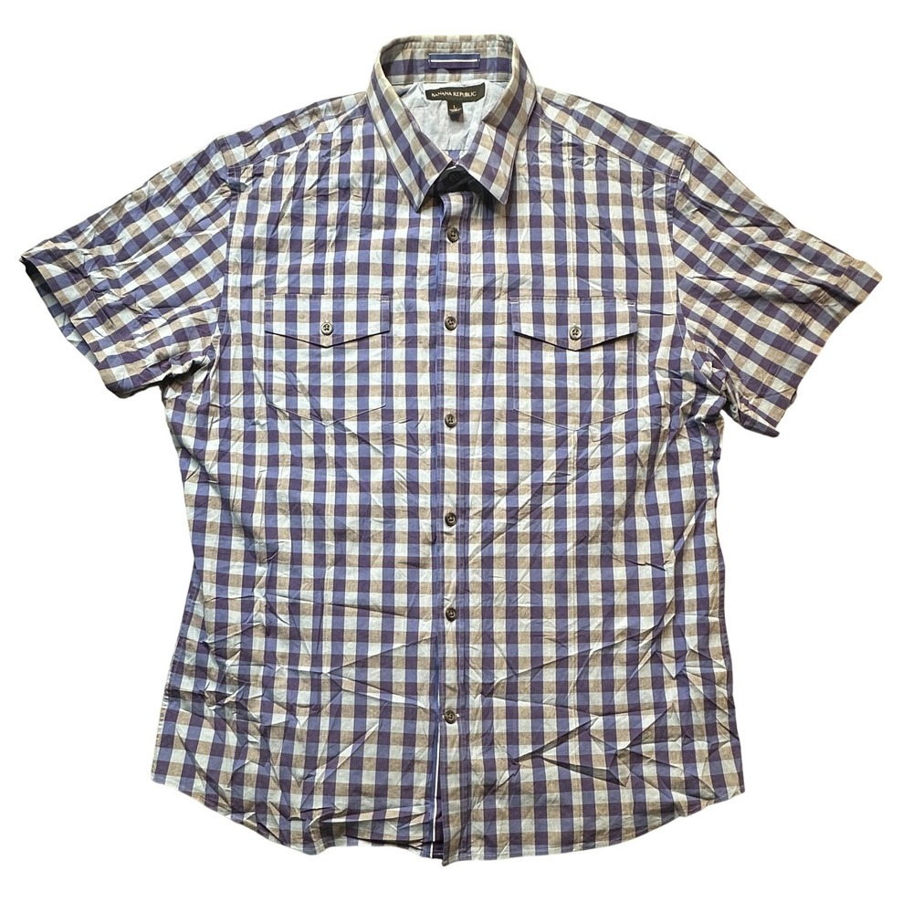 Banana Republic Shirt Mens Large Blue Purple Plaid Short Sleeve Button Front